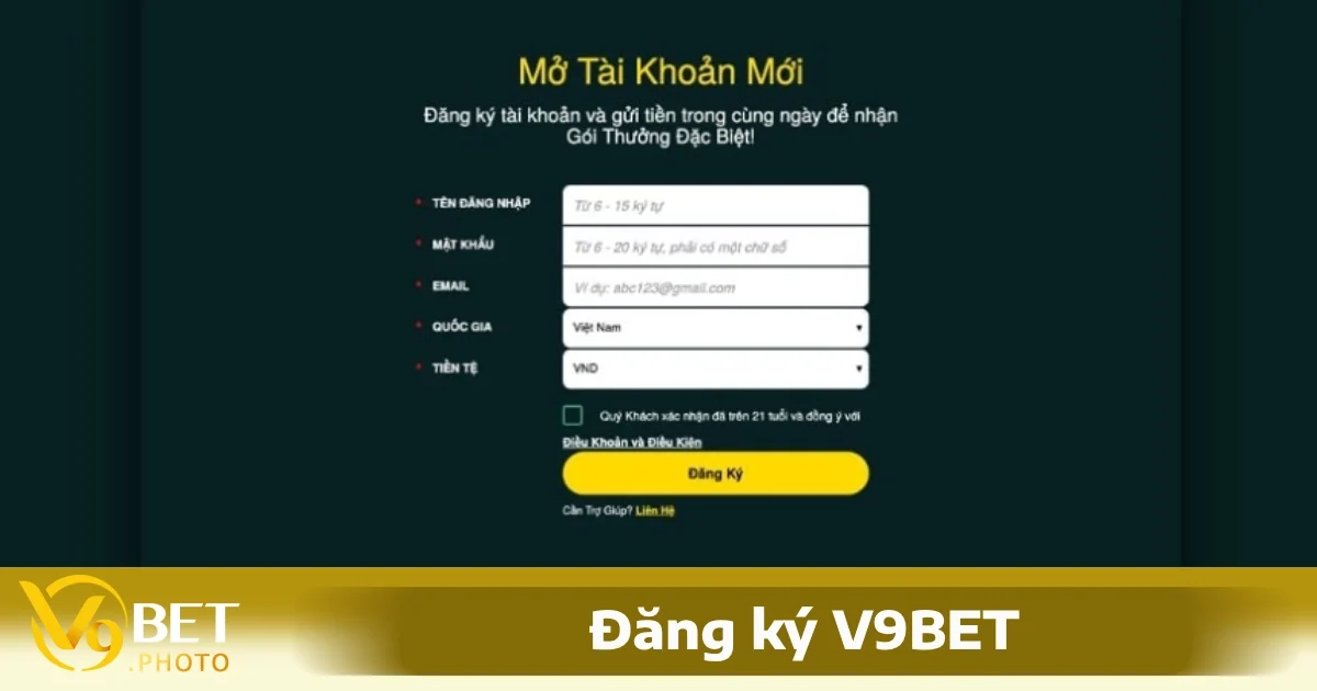 Điền thông tin đăng ký V9BET để hoàn tất đăng ký