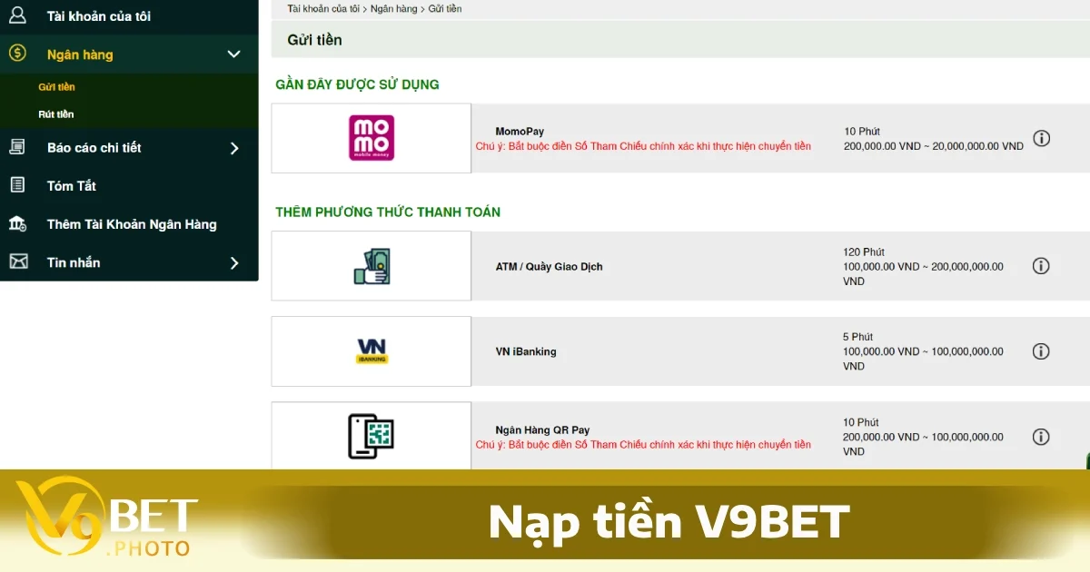 Các phương thức nạp tiền V9BET rất đa dạng
